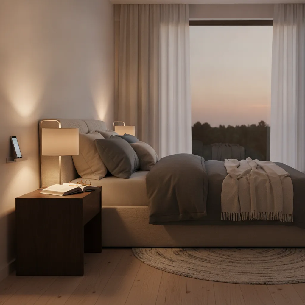 Chambre à coucher tamisée avec un livre et une lampe douce illustrant un rituel du soir favorable au sommeil.