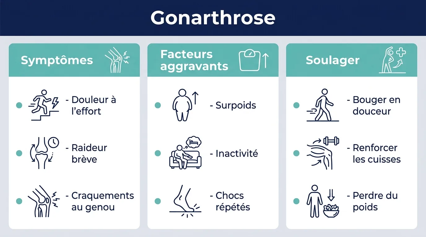 Infographie présentant les symptômes, les facteurs aggravants et les gestes pour soulager l'arthrose du genou.