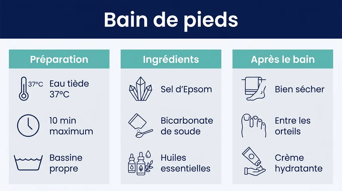 Infographie des trois étapes d'un bain de pieds : préparation, ingrédients et gestes après le bain