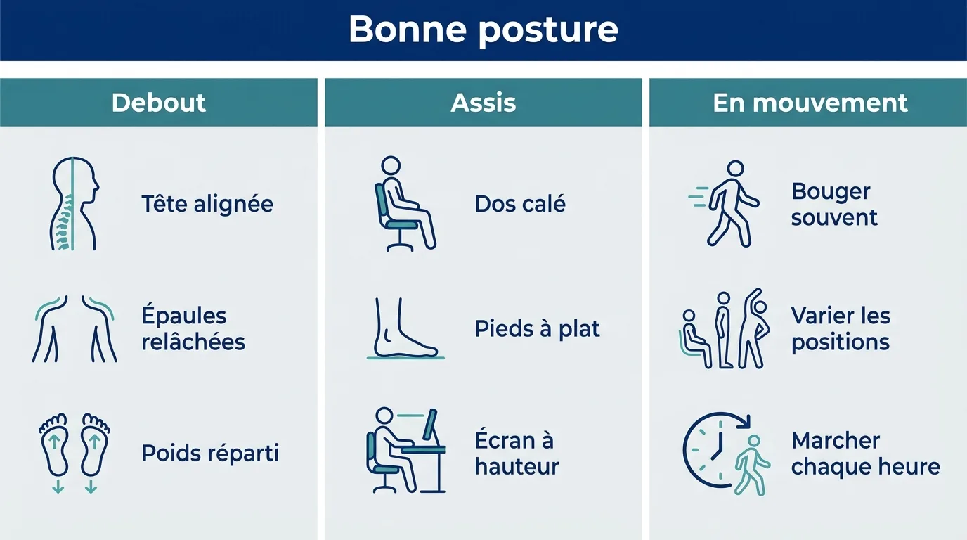Infographie présentant les repères d'une bonne posture debout, assis et en mouvement.