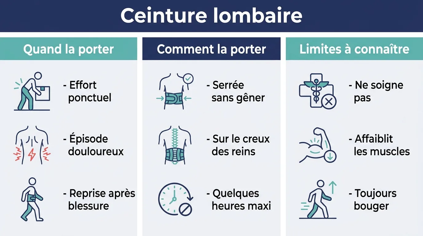 Infographie sur quand porter une ceinture lombaire, comment la porter et ses limites