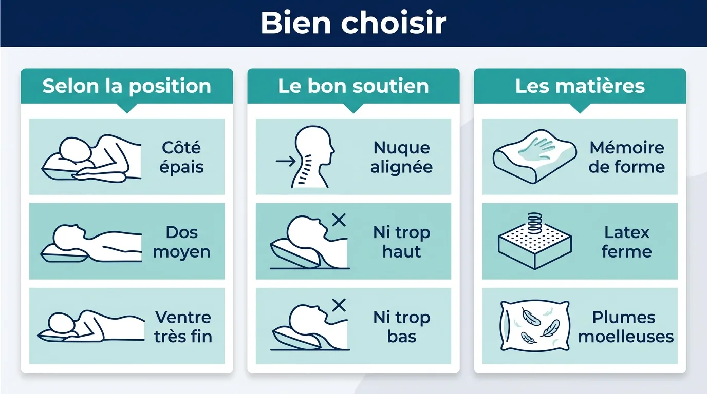 Infographie expliquant comment choisir son oreiller selon la position de sommeil, le soutien de la nuque et la matière.