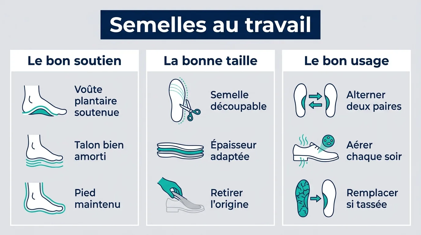 Infographie sur le choix des semelles pour chaussures de travail en trois points