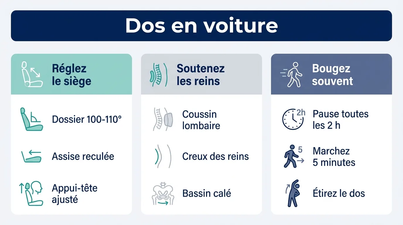 Infographie présentant trois conseils pour éviter le mal de dos en voiture sur les longs trajets