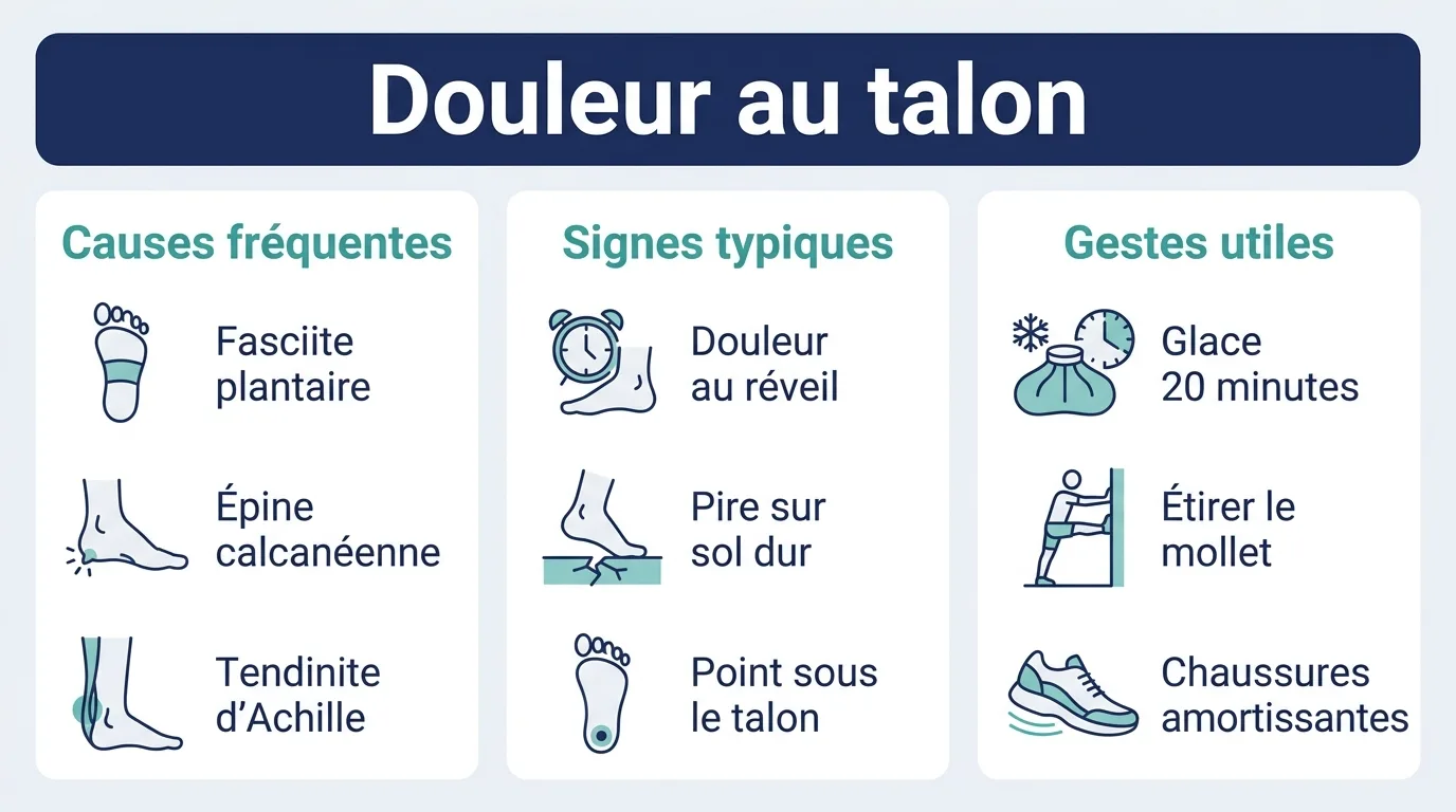 Infographie en français présentant les causes, les signes typiques et les gestes utiles face à une douleur au talon.