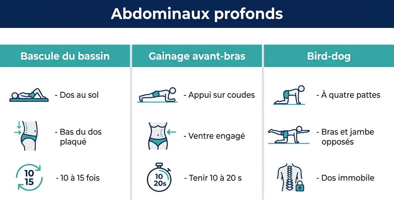 Infographie présentant trois exercices pour renforcer les abdominaux profonds et protéger le dos