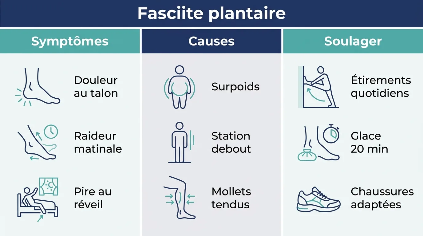 Infographie présentant les symptômes, les causes et les gestes pour soulager la fasciite plantaire.