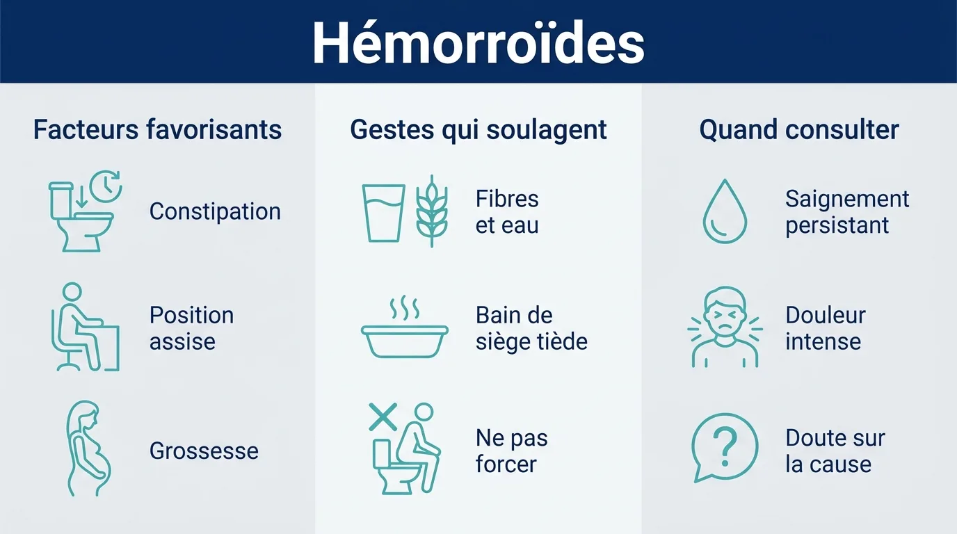 Infographie sur les hémorroïdes montrant les facteurs favorisants, les gestes qui soulagent et quand consulter