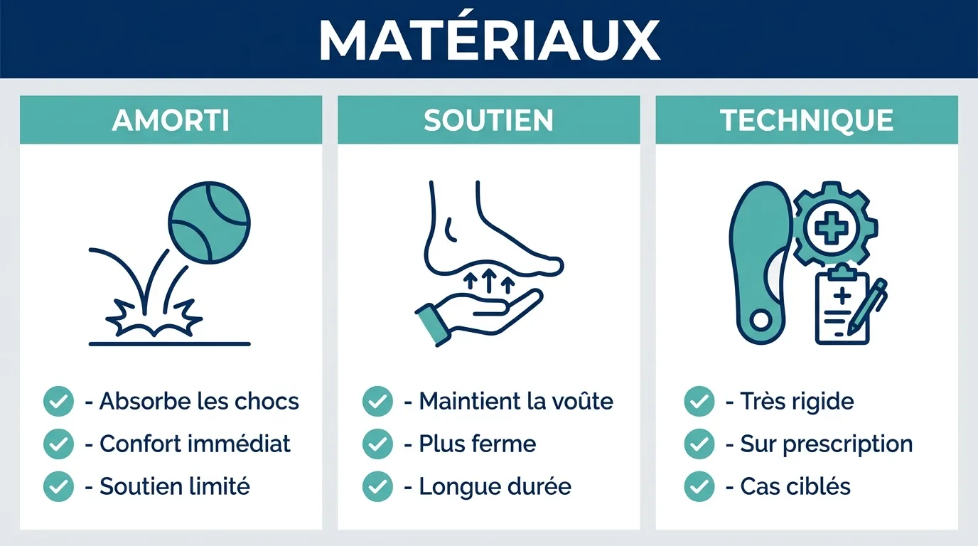 Infographie comparant les matériaux des semelles orthopédiques selon l'amorti, le soutien et l'usage technique.