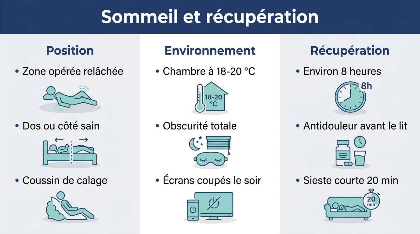 Infographie présentant les trois piliers d'un sommeil réparateur en convalescence : la position, l'environnement et la récupération.