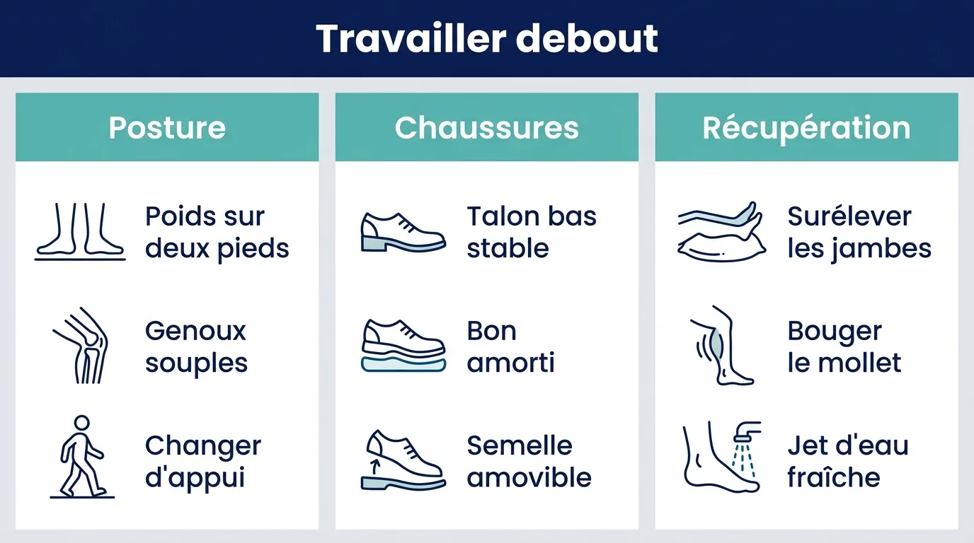 Infographie des trois leviers pour travailler debout : posture, chaussures et récupération