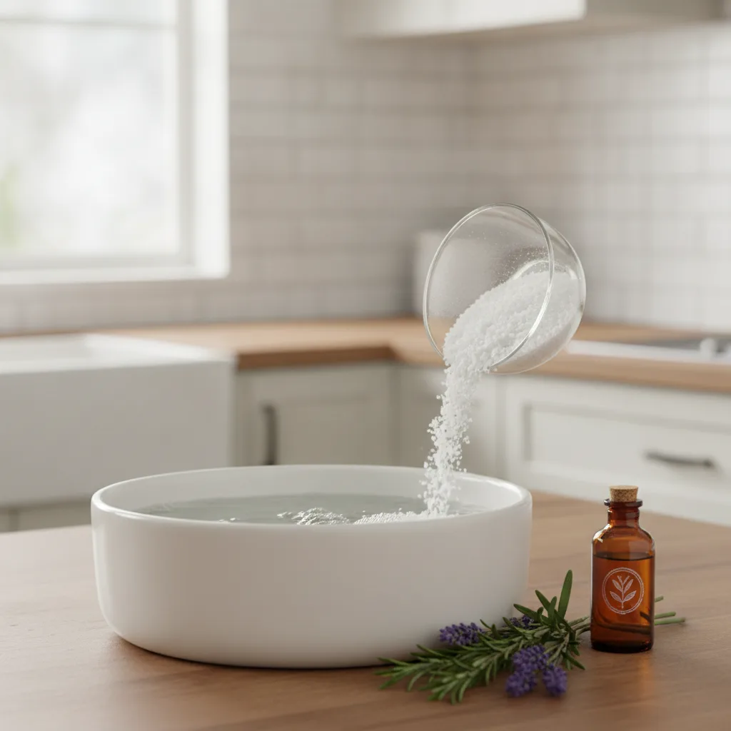 Sel d'Epsom, bicarbonate et herbes disposés près d'une bassine pour préparer un bain de pieds maison