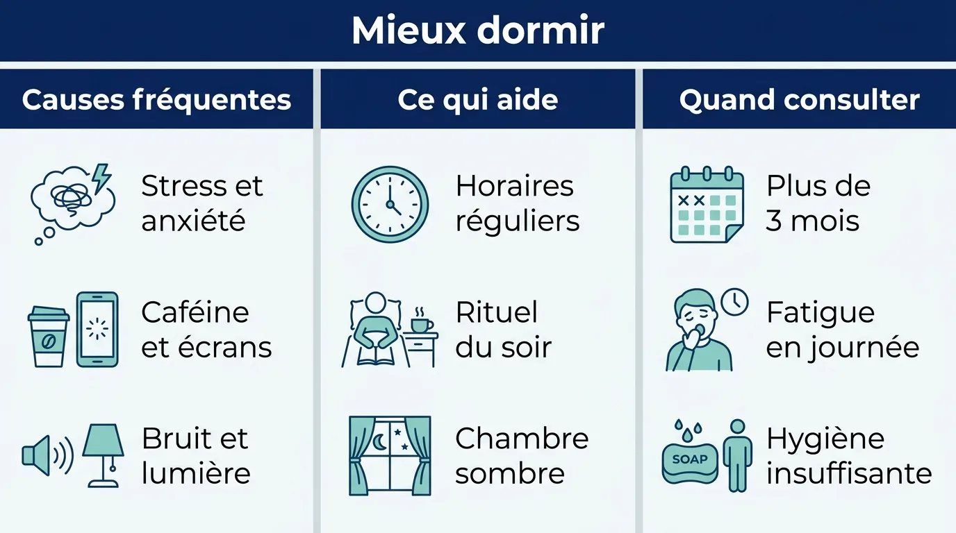 Infographie sur l'insomnie présentant les causes fréquentes, les gestes d'hygiène du sommeil et le moment de consulter un médecin.