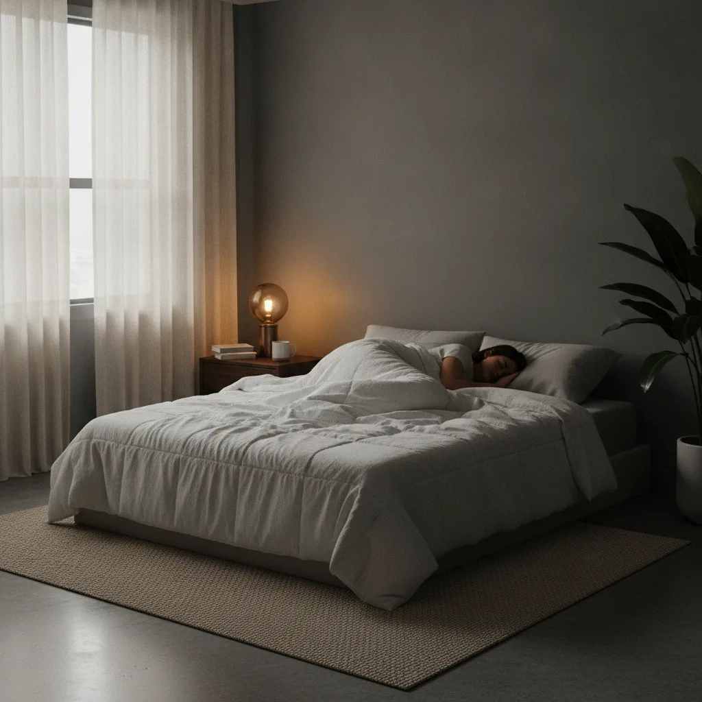Personne dormant paisiblement dans une chambre sombre et calme propice à un sommeil réparateur.
