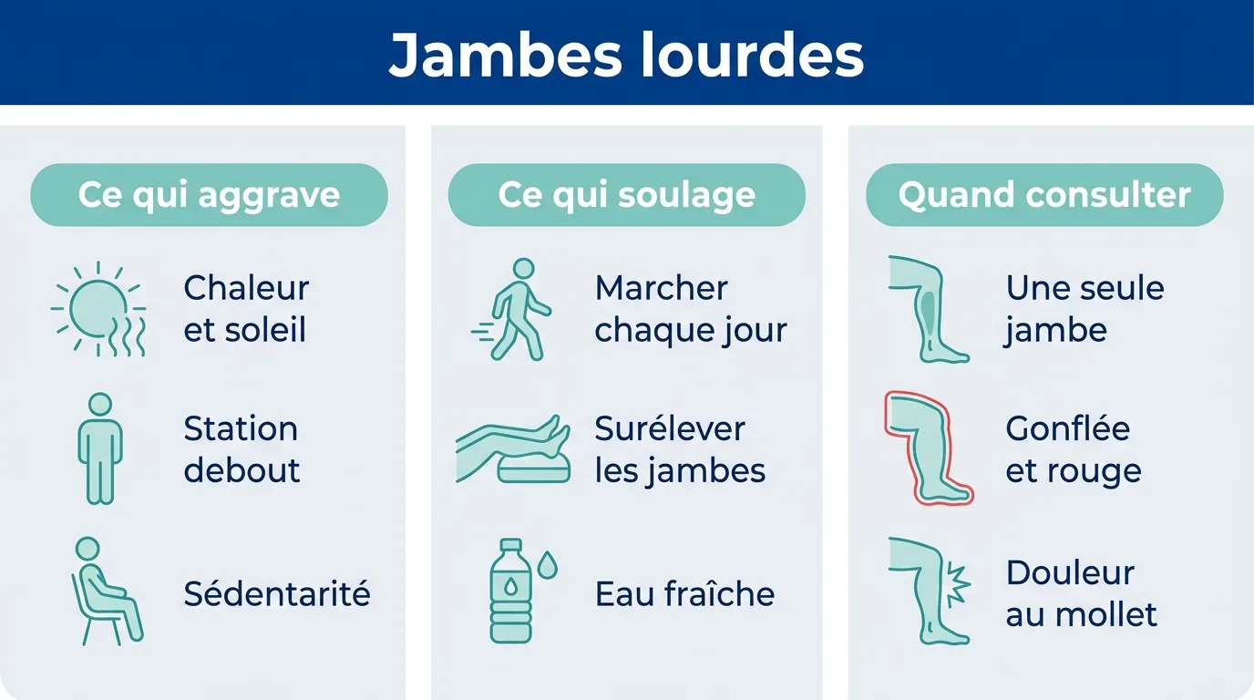 Infographie sur les jambes lourdes : facteurs aggravants, gestes qui soulagent et signes d'alerte à surveiller.