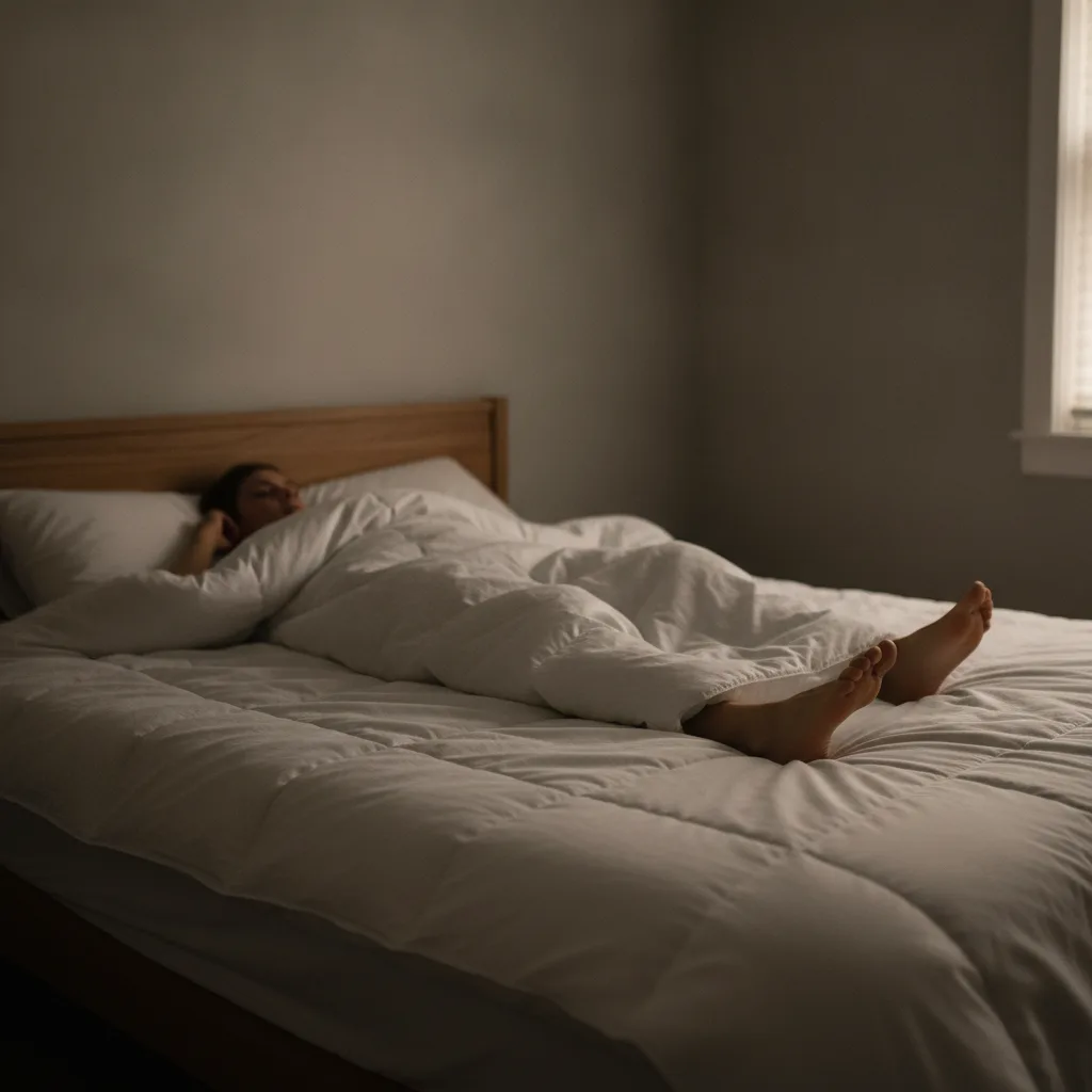 Personne allongée dans son lit la nuit, gênée par le besoin de bouger les jambes.
