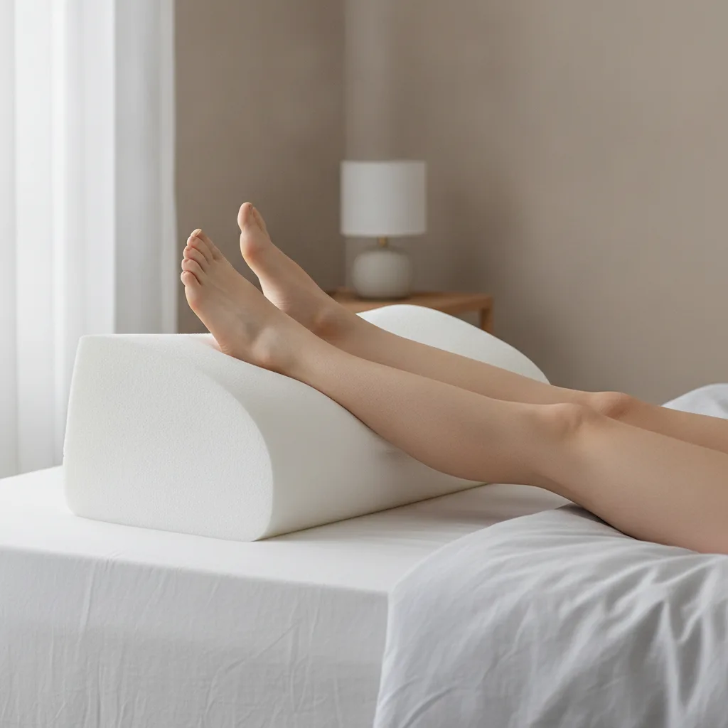 Jambes surélevées et détendues sur un coussin orthopédique pour le confort du mollet au repos.