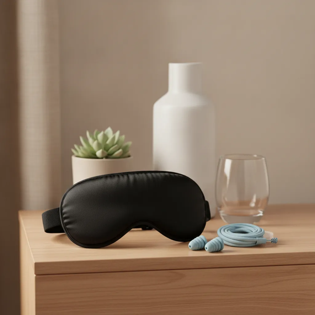 Masque de sommeil occultant et bouchons d'oreilles posés sur une table de nuit pour limiter la lumière et le bruit.