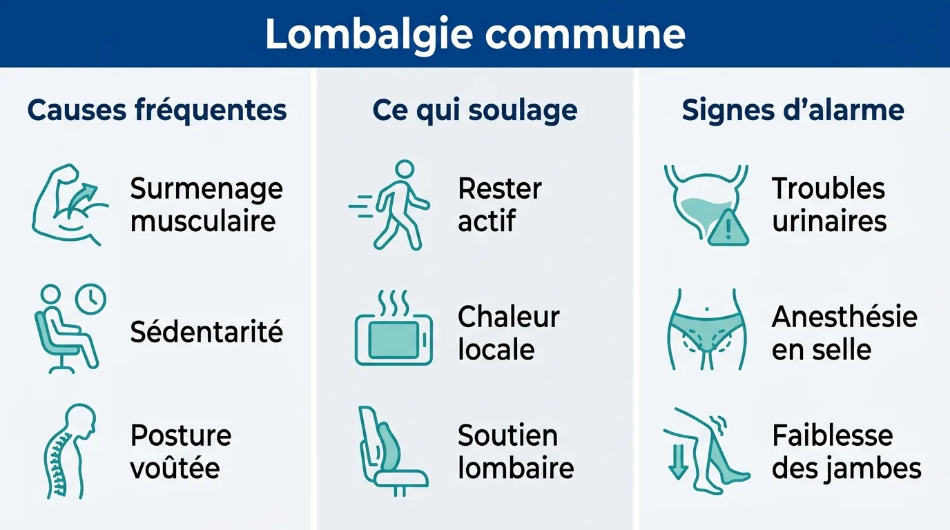 Infographie présentant les causes fréquentes de la lombalgie commune, ce qui la soulage et les signes d'alarme à surveiller.