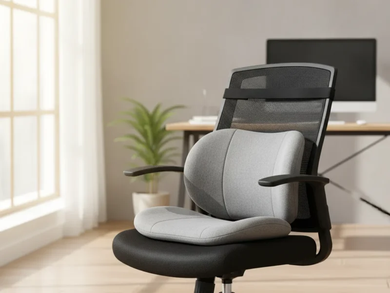 Coussin de soutien lombaire galbé placé contre le dossier d'une chaise de bureau