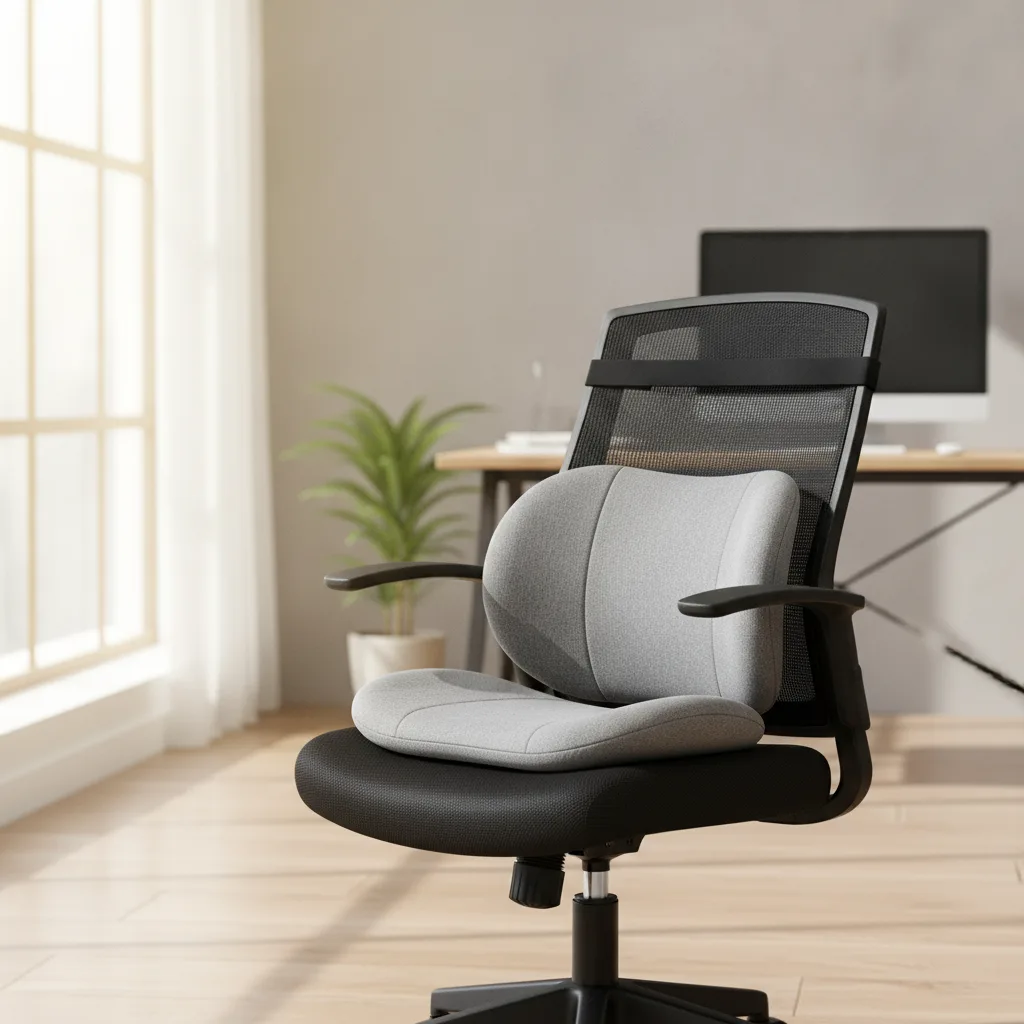 Coussin de soutien lombaire galbé placé contre le dossier d'une chaise de bureau