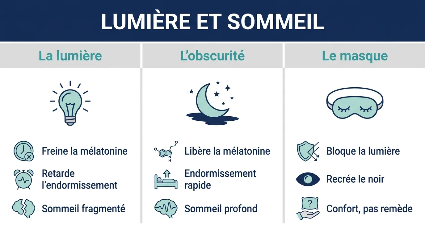 Infographie en trois colonnes montrant comment la lumière freine la mélatonine, comment l'obscurité la libère, et comment le masque de sommeil recrée le noir.