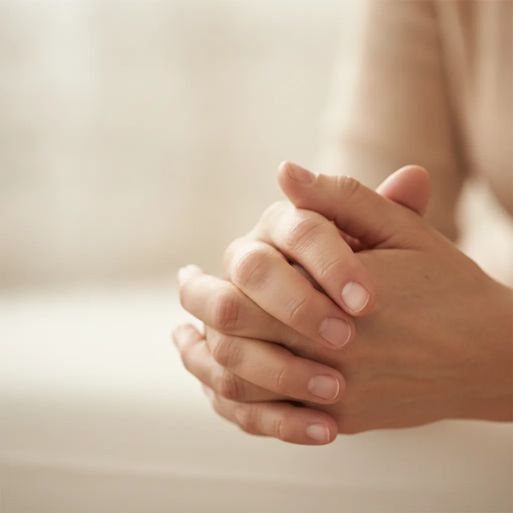 Gros plan des mains d'une personne aux articulations sensibles, dans une lumière douce et apaisante