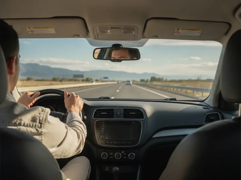 Conducteur assis avec une posture droite et détendue au volant sur l'autoroute lors d'un long trajet