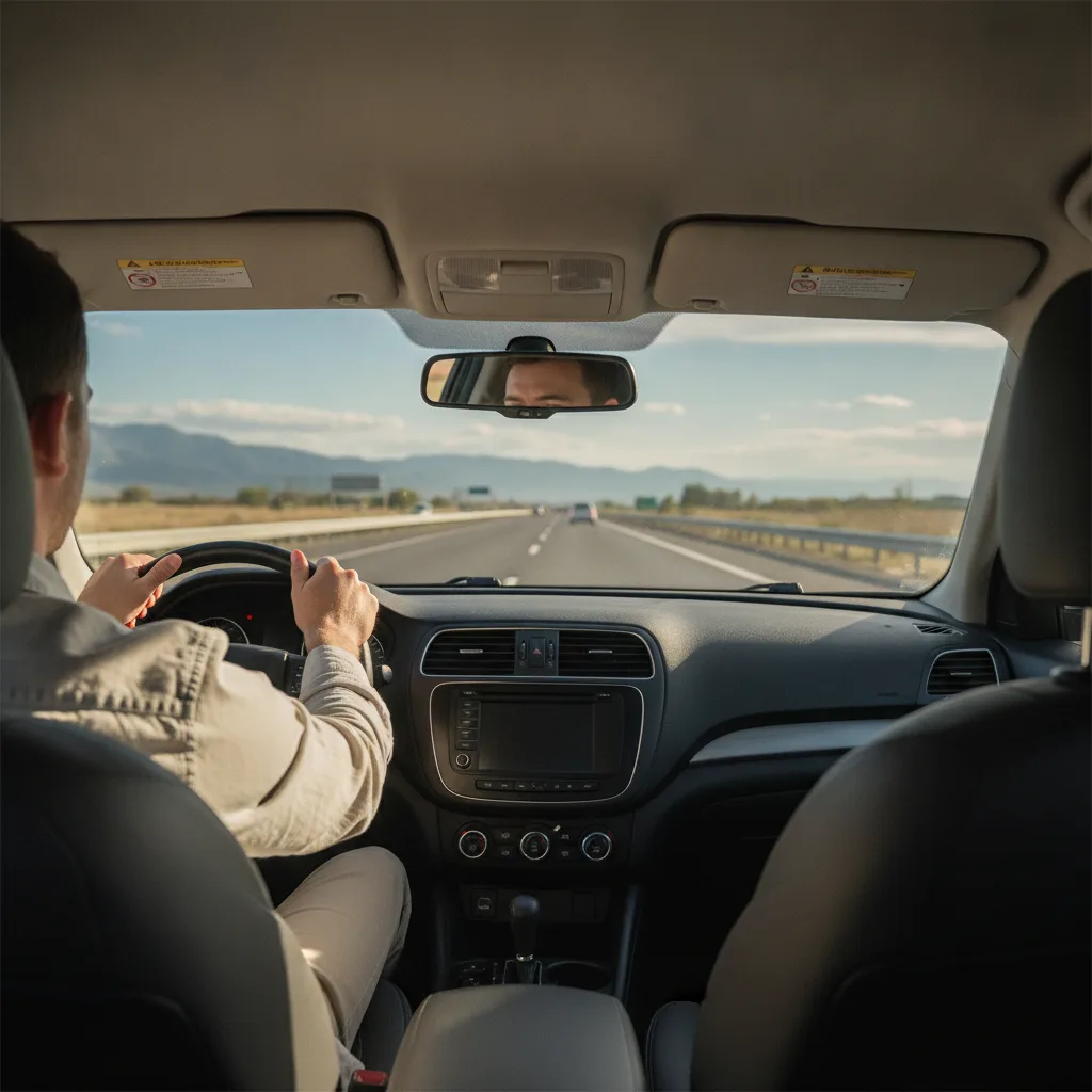 Conducteur assis avec une posture droite et détendue au volant sur l'autoroute lors d'un long trajet