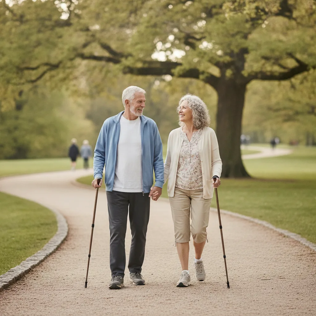 Couple senior marchant à l'extérieur pour préserver la souplesse de ses articulations