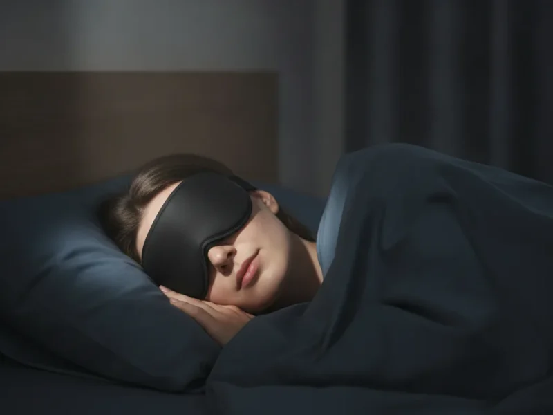 Femme endormie portant un masque de sommeil 3D dans une chambre plongée dans l'obscurité.