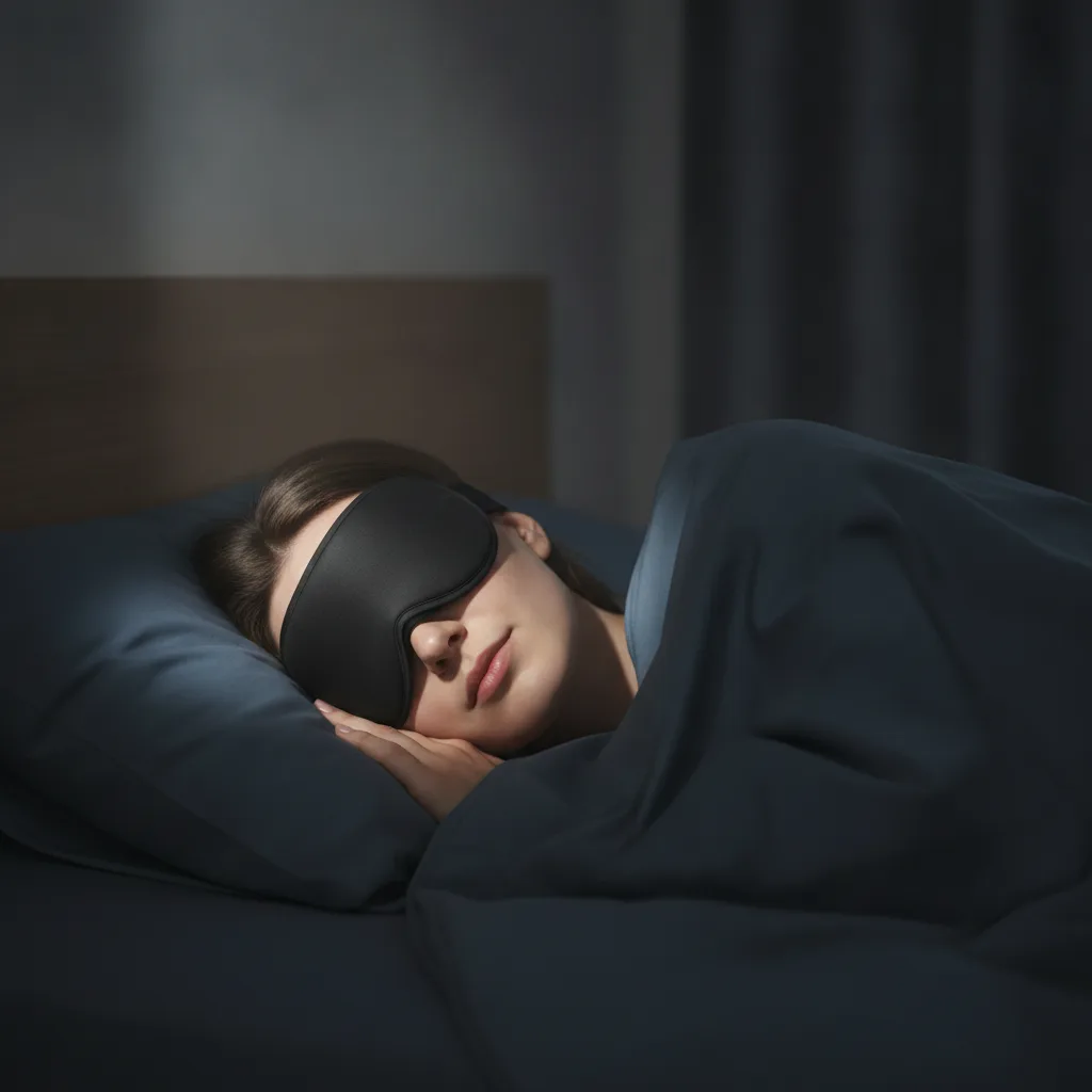 Femme endormie portant un masque de sommeil 3D dans une chambre plongée dans l'obscurité.