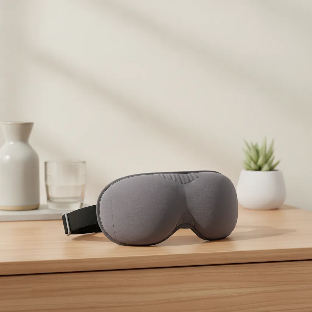Gros plan d'un masque de sommeil 3D à coques moulées et sa sangle réglable posé sur une table de chevet.