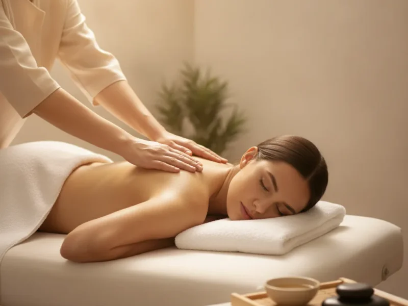 Une personne allongée reçoit un massage relaxant du dos dans une ambiance calme et lumineuse