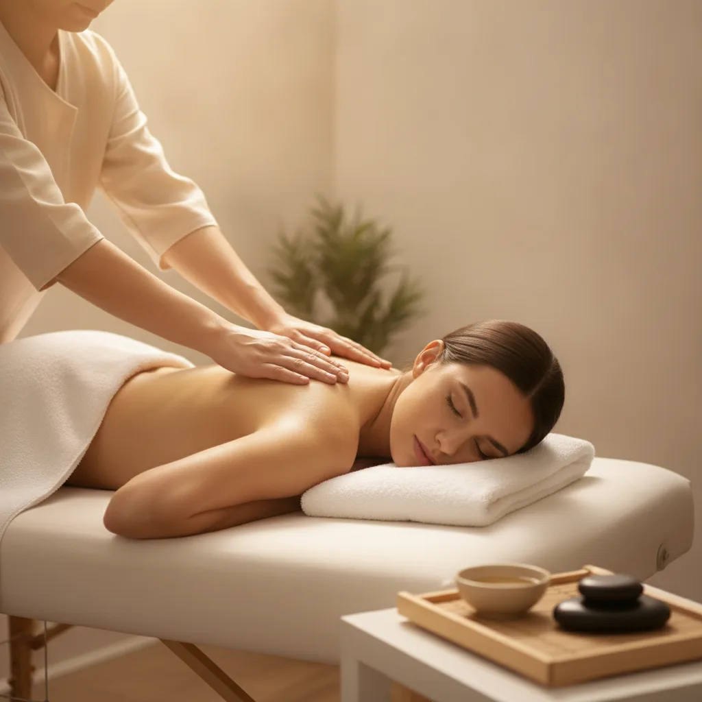 Une personne allongée reçoit un massage relaxant du dos dans une ambiance calme et lumineuse
