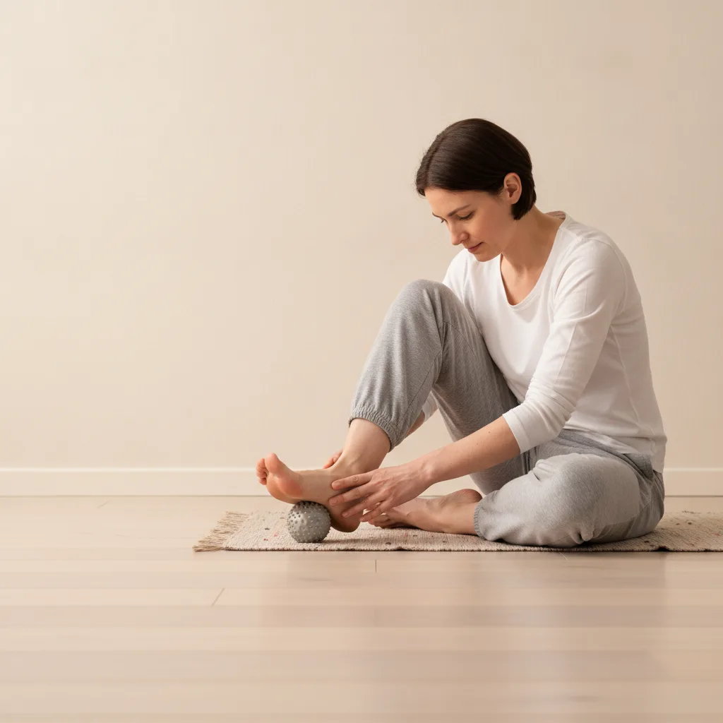 Personne assise faisant rouler une petite balle sous la voûte plantaire pour la détendre