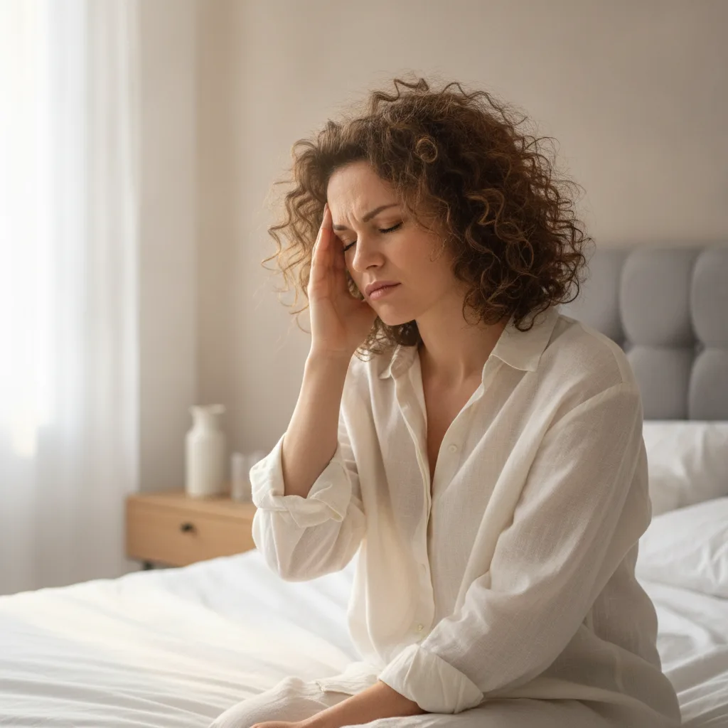 Femme assise au bord du lit se tenant la tête au réveil avec mal de tête