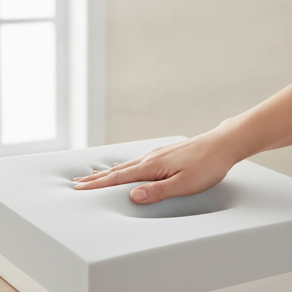 Main pressant une mousse à mémoire de forme qui garde brièvement l'empreinte avant de reprendre sa forme
