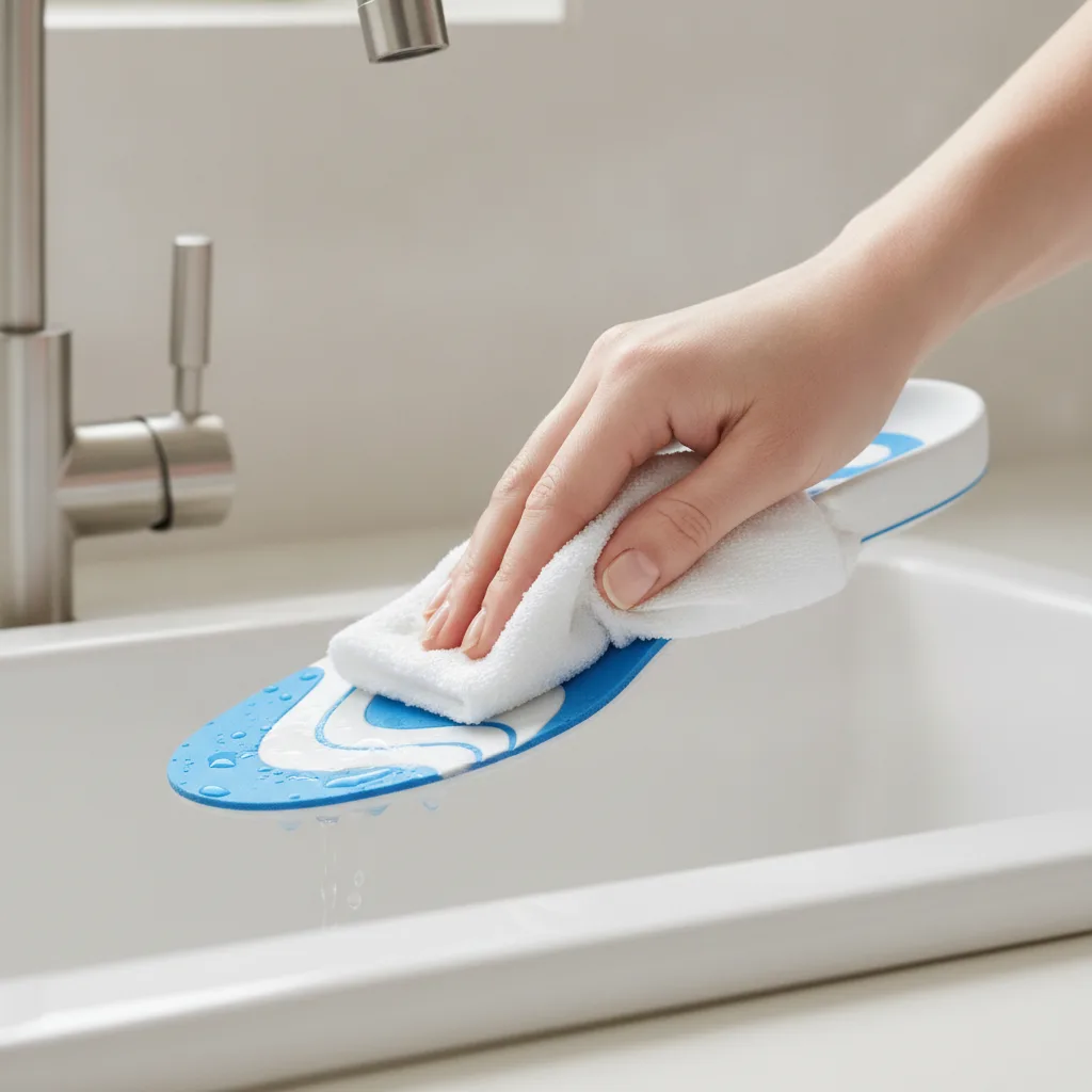 Main nettoyant une semelle orthopédique avec un chiffon humide au-dessus d'un lavabo