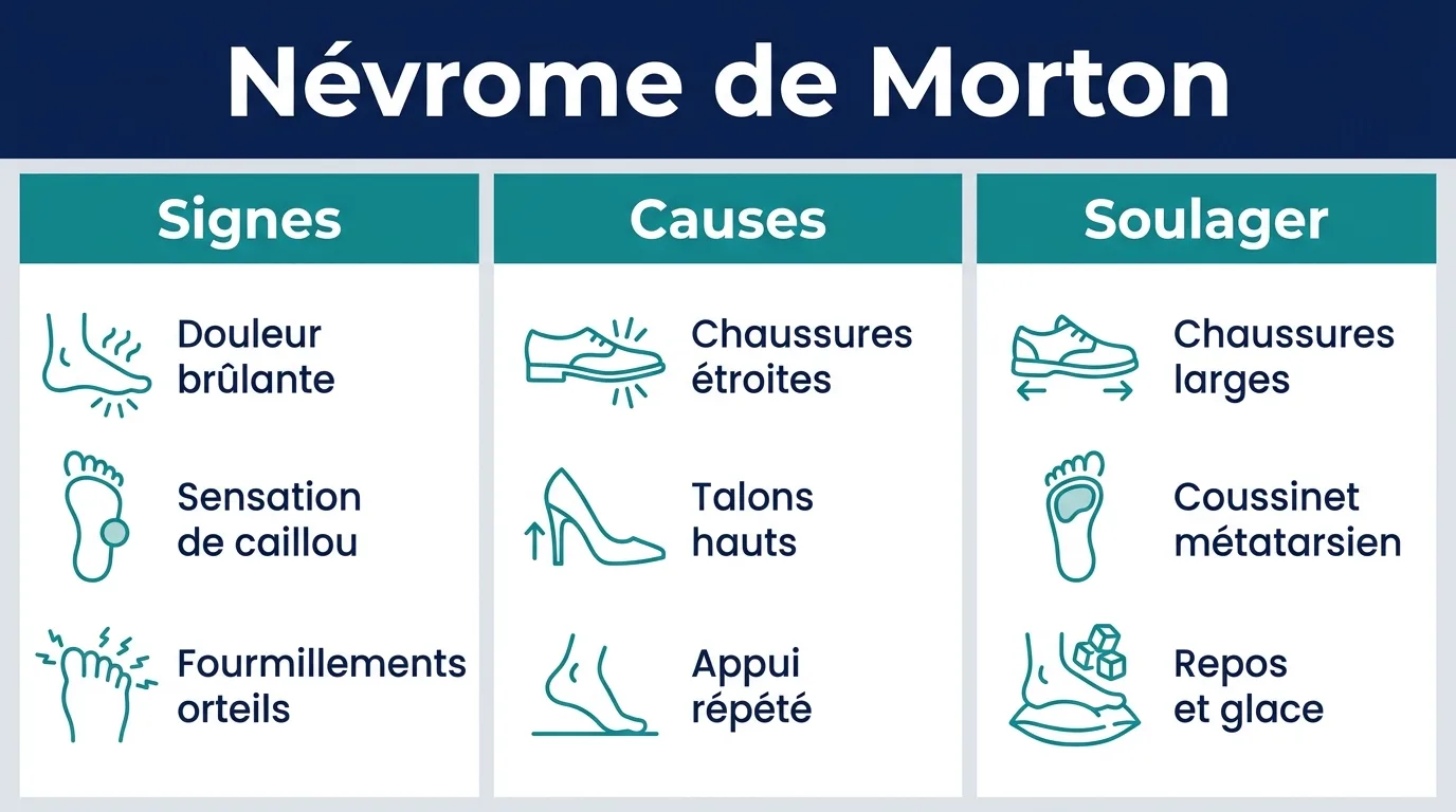 Infographie sur le névrome de Morton présentant les signes, les causes et les gestes de soulagement