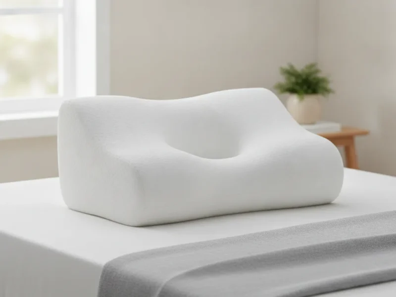 Oreiller cervical ergonomique posé sur un lit fait, dans une lumière douce du matin