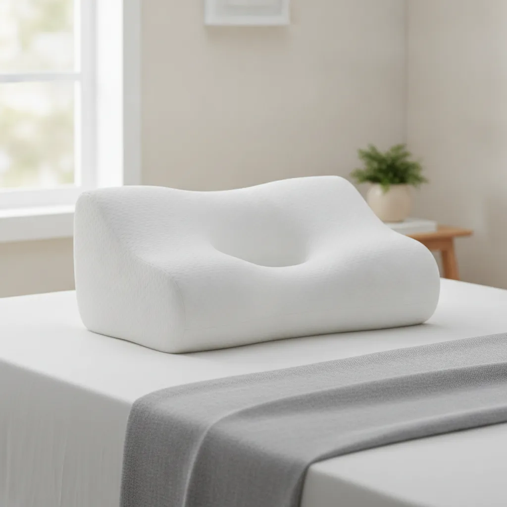 Oreiller cervical ergonomique posé sur un lit fait, dans une lumière douce du matin