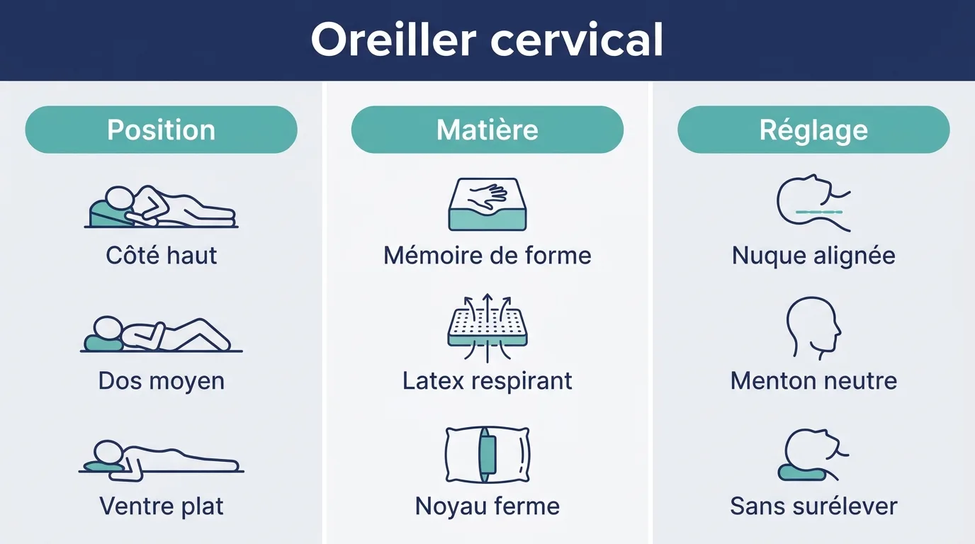 Infographie présentant les trois critères pour choisir un oreiller cervical : position, matière et réglage de la hauteur