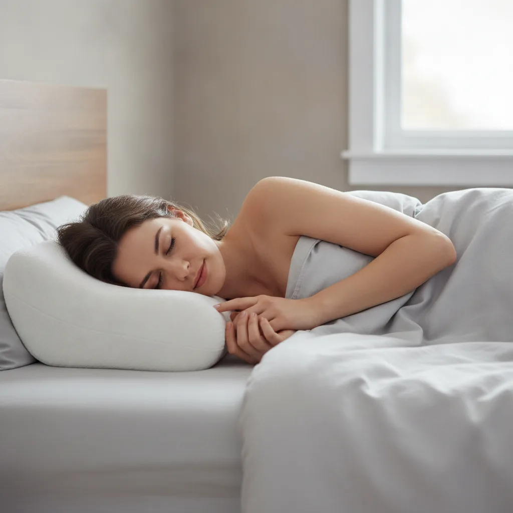 Personne dormant sur le côté avec la tête soutenue par un oreiller cervical ergonomique.