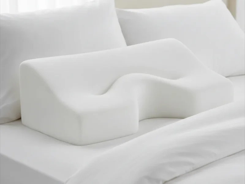Oreiller orthopédique à mémoire de forme posé sur un lit clair et net