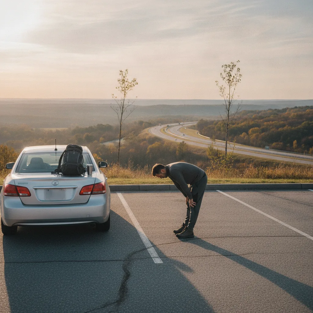 Voyageur qui étire le bas du dos à côté de sa voiture lors d'une pause sur une aire d'autoroute