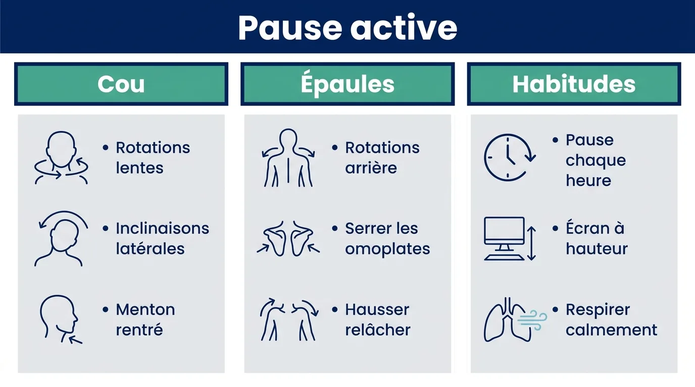 Infographie illustrant trois séries d'exercices pour détendre le cou et les épaules au bureau.