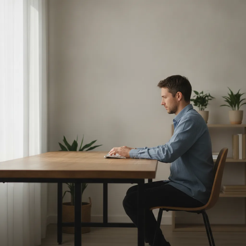 Personne assise à un bureau pendant une longue journée de travail, illustrant la pression prolongée sur la région assise