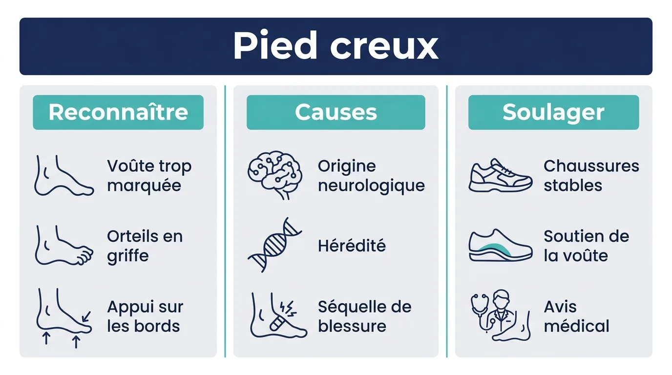 Infographie présentant comment reconnaître le pied creux, ses causes fréquentes et les gestes pour le soulager