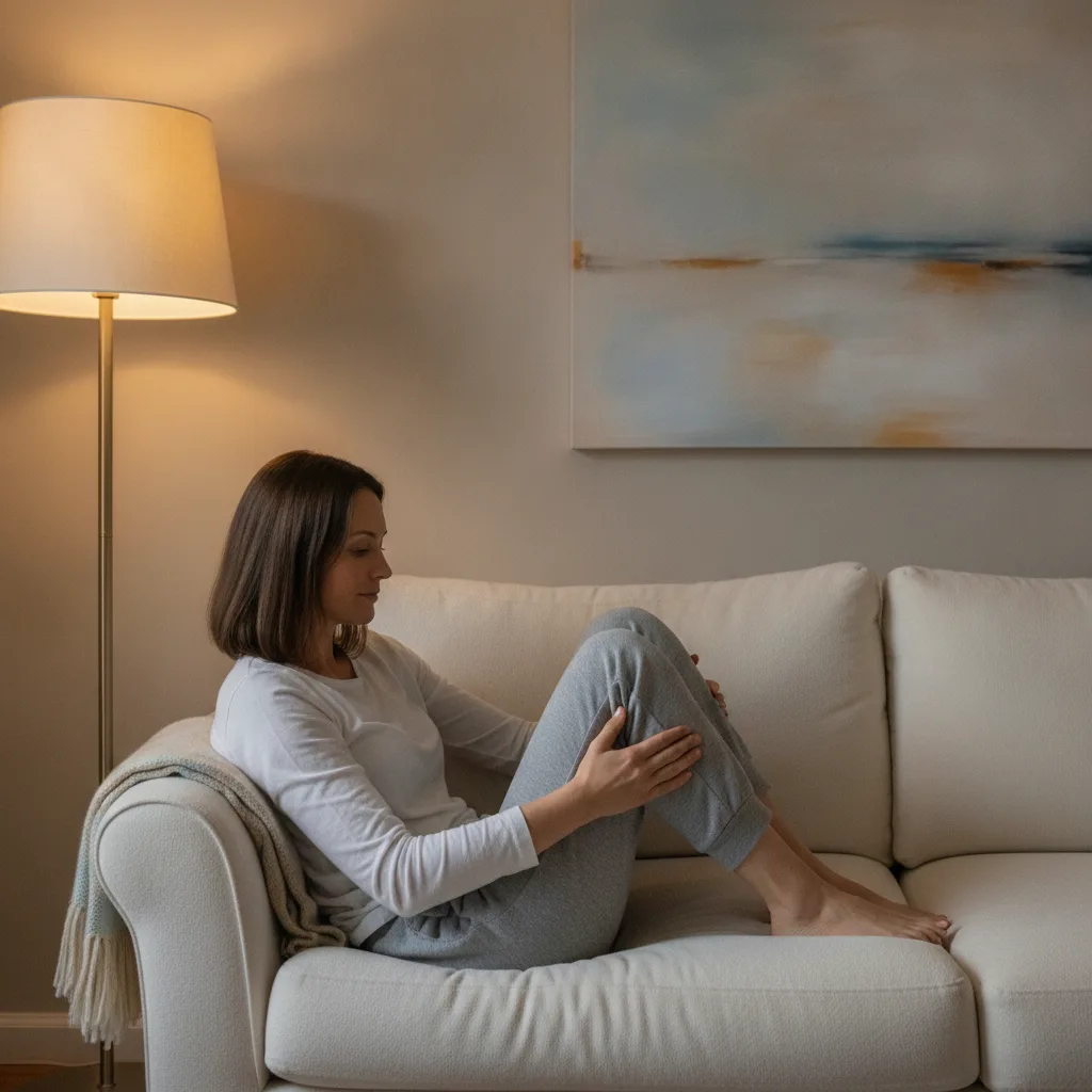 Personne assise sur un canapé le soir qui masse ses pieds fatigués après une longue journée